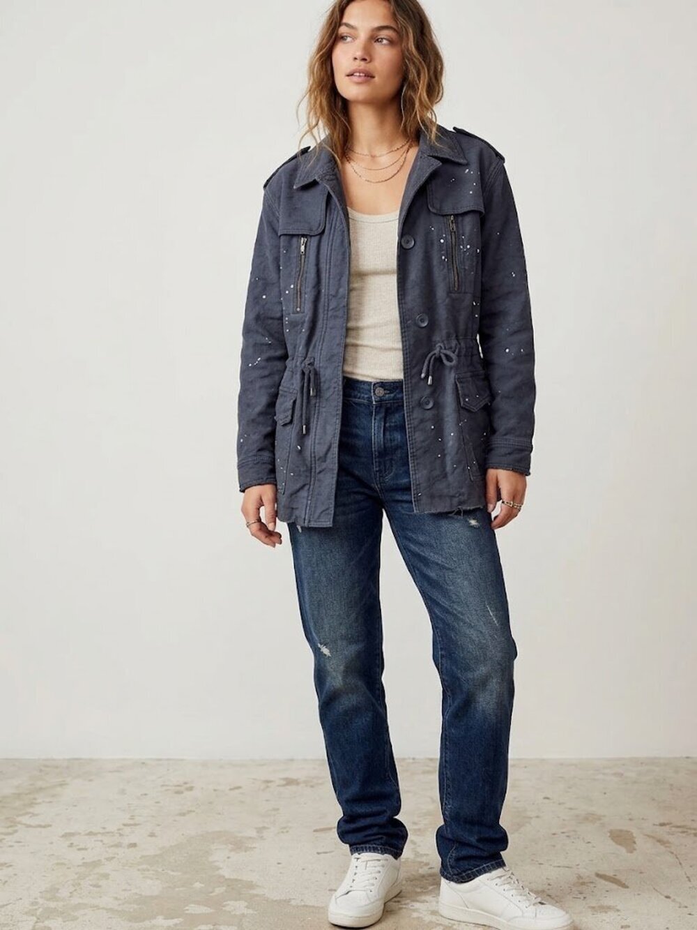 FREE PEOPLE Navy Blue Utility Military Jacket with Cargo Drawstring Size Small